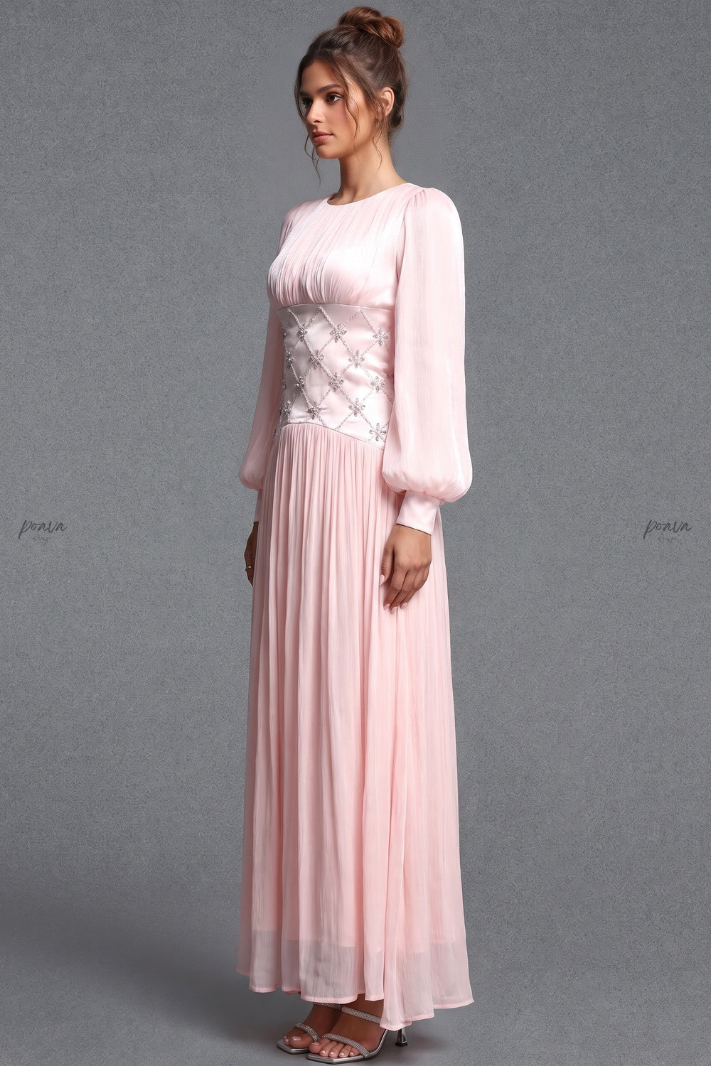 Pale Pink Chiffon A-Line Maxi Dress with Embellished Waist Flowering Girl
