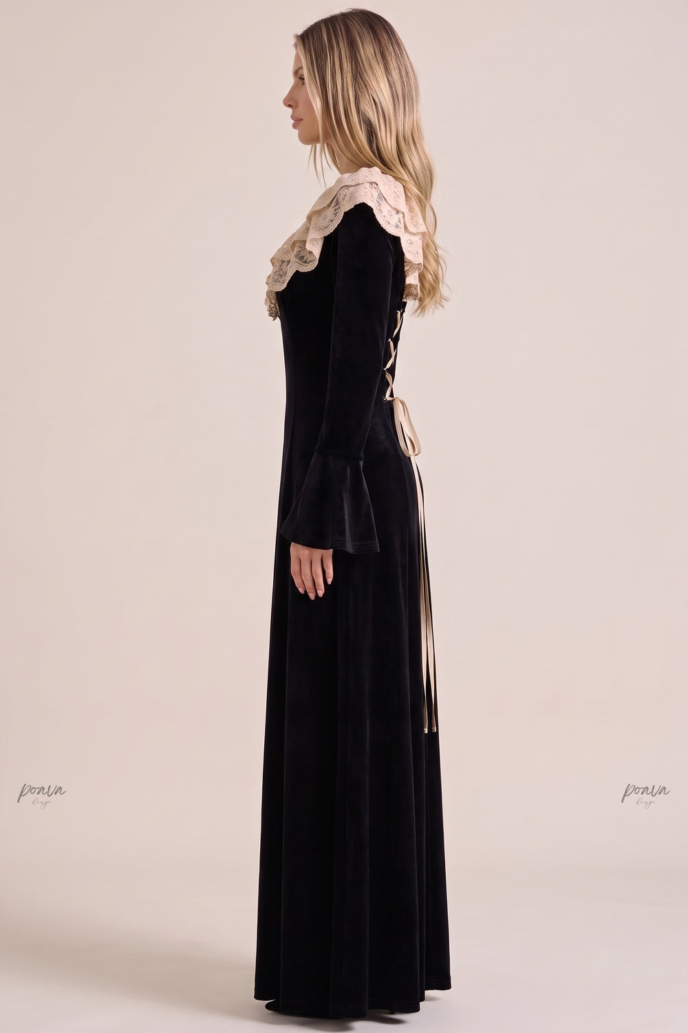 Black Velvet A-Line Maxi Dress with Lace Collar Flowering Girl