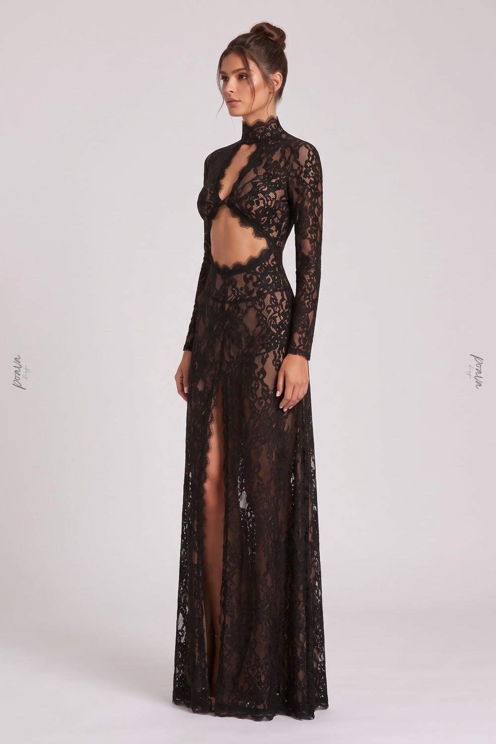 Black Floral Lace Column Gown with Front Slit and Cutouts Flowering Girl