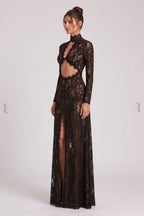 Black Floral Lace Column Gown with Front Slit and Cutouts Flowering Girl