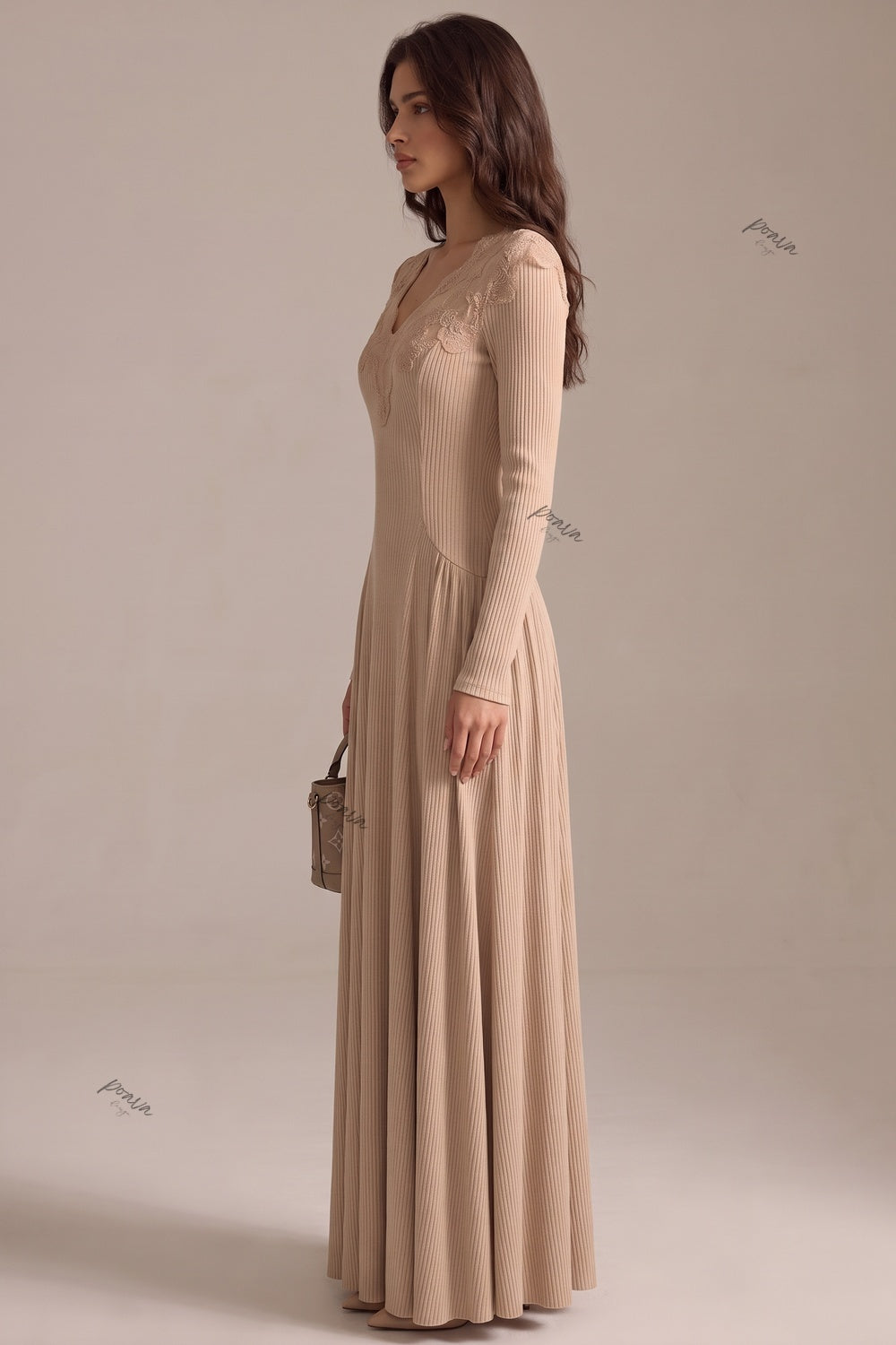 Beige Ribbed Knit A-Line Maxi Dress with Lace Applique Flowering Girl