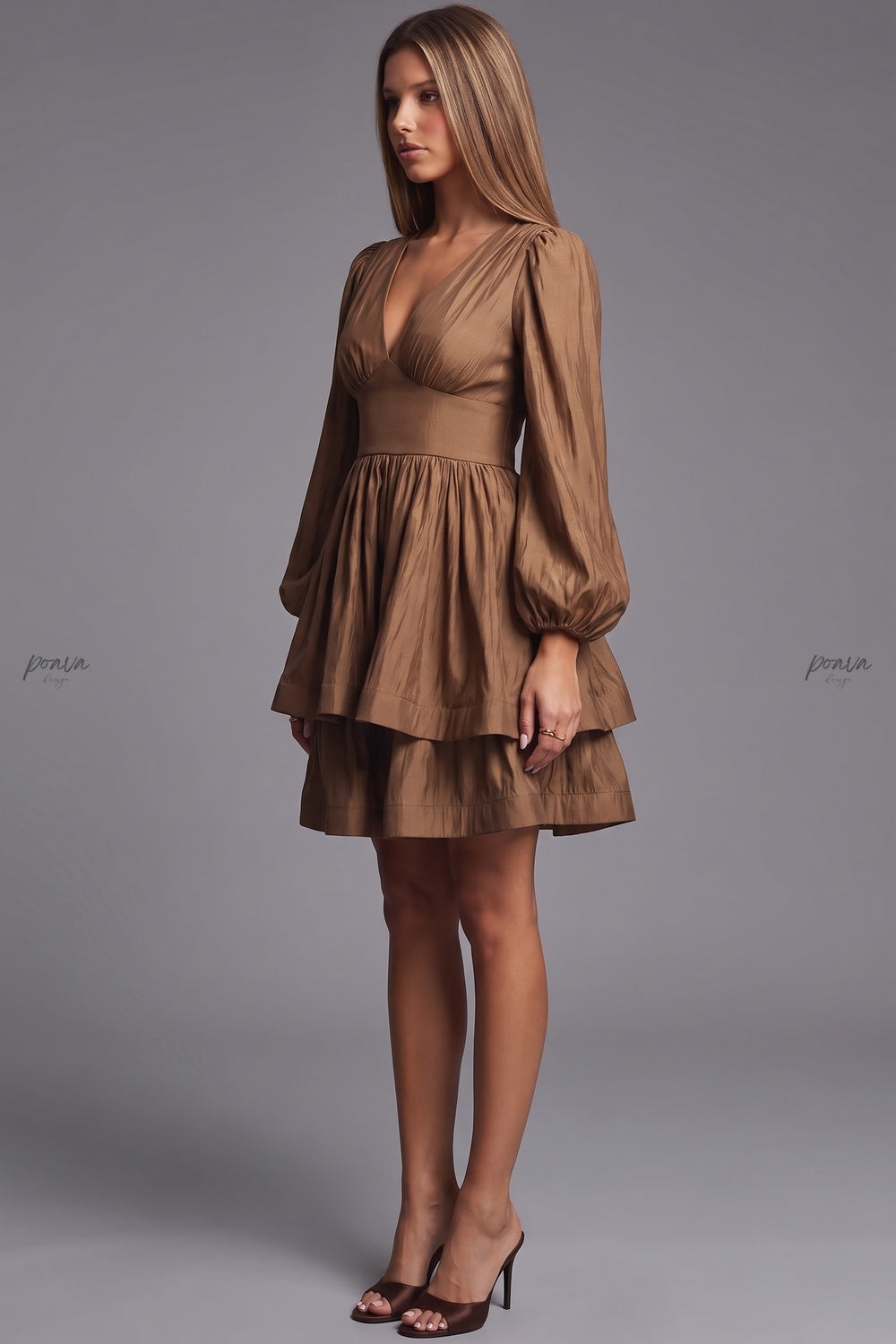 Bronze Brown Taffeta-Like Fit-and-Flare Tiered Mini Dress Flowering Girl