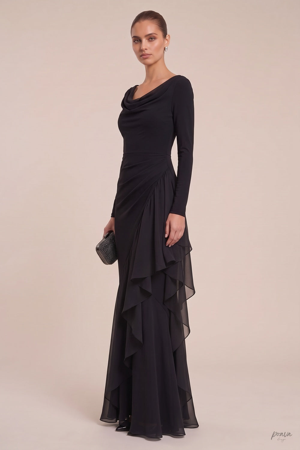 Black Mermaid Evening Gown with Sheer Ruffle Detail Flowering Girl