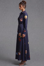 Navy Blue Floral Satin-Weave A-Line Shirt Dress Flowering Girl