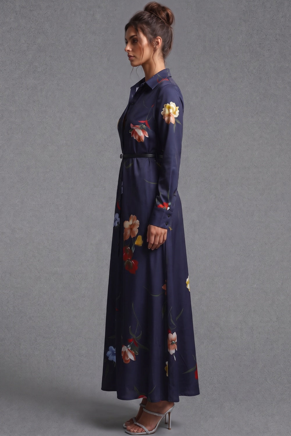 Navy Blue Floral Satin-Weave A-Line Shirt Dress Flowering Girl