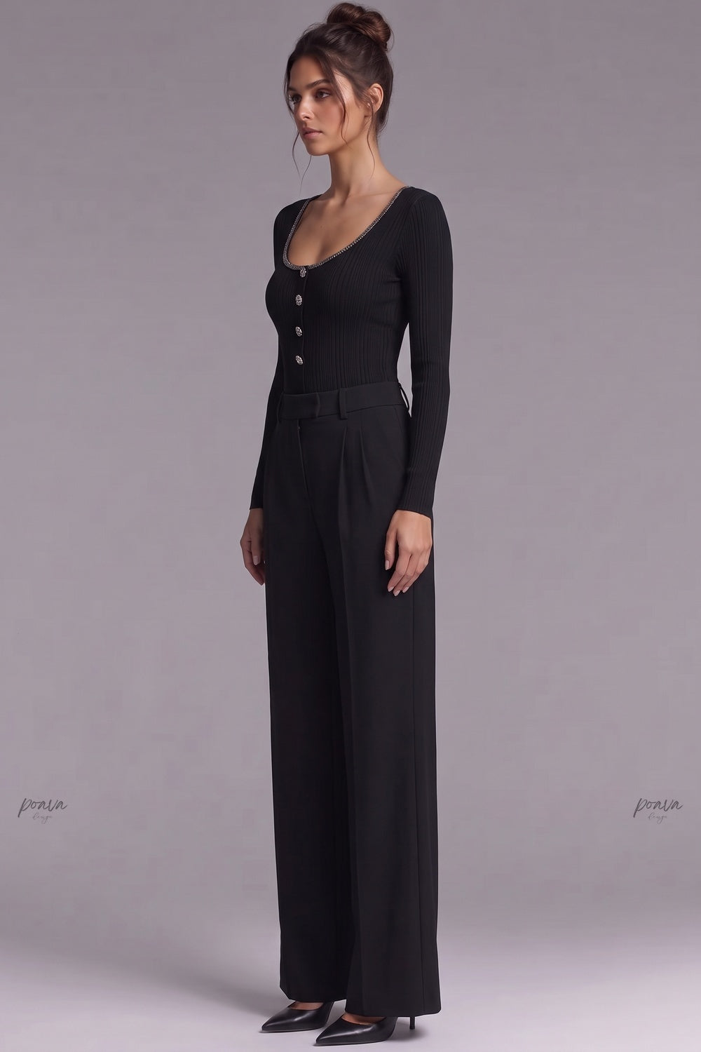 Black Ribbed Knit Fitted Top with Metallic Detail Flowering Girl