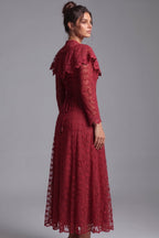 Deep Red Embroidered Floral Lace A-Line Midi Dress Flowering Girl