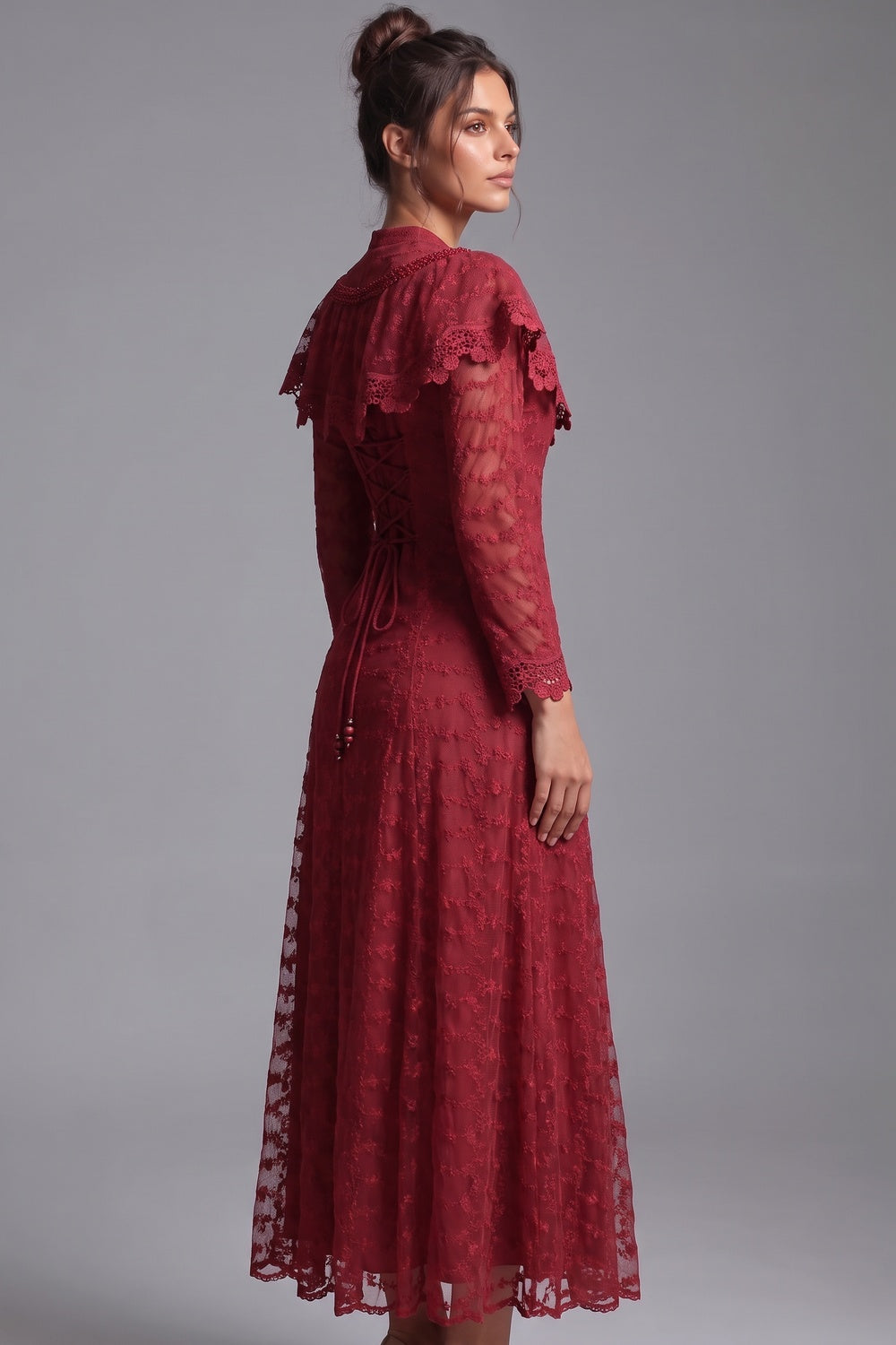 Deep Red Embroidered Floral Lace A-Line Midi Dress Flowering Girl