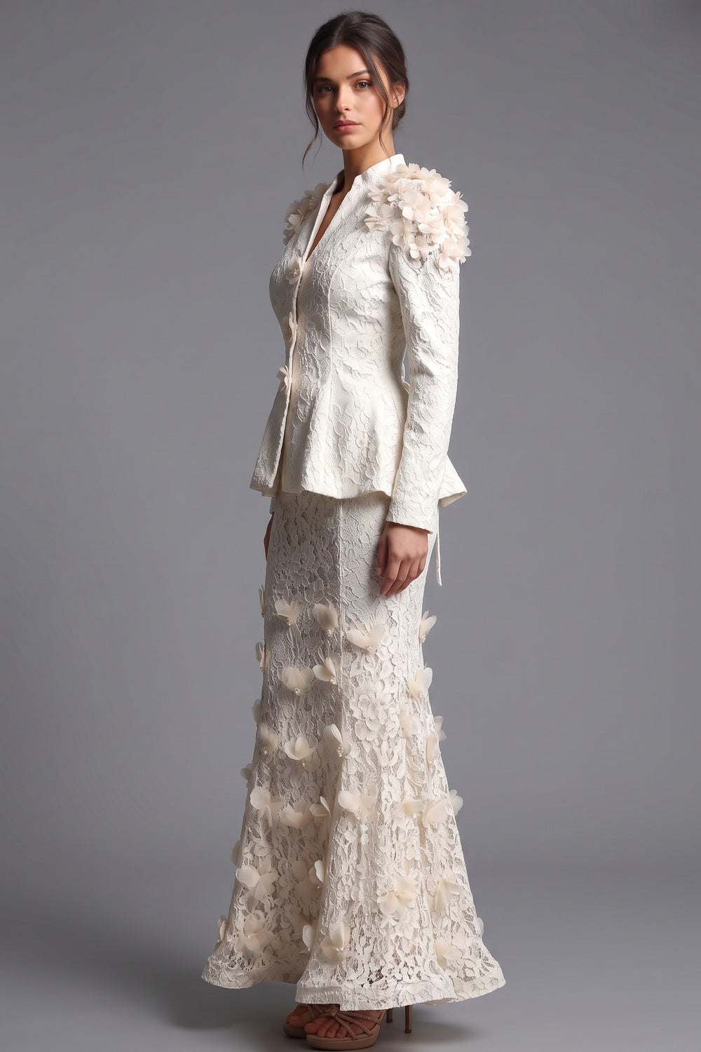 Ivory Corded Floral Lace Two-Piece Skirt Suit Flowering Girl