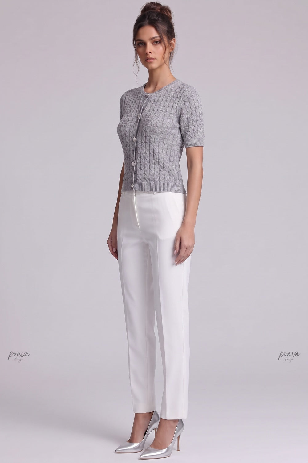 Heather Grey Cable-Knit Fitted Cardigan Flowering Girl