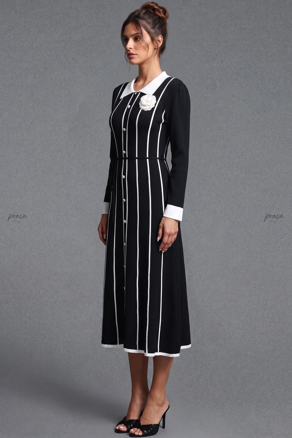 Black Fine-Gauge Ribbed Knit A-Line Midi Dress Flowering Girl