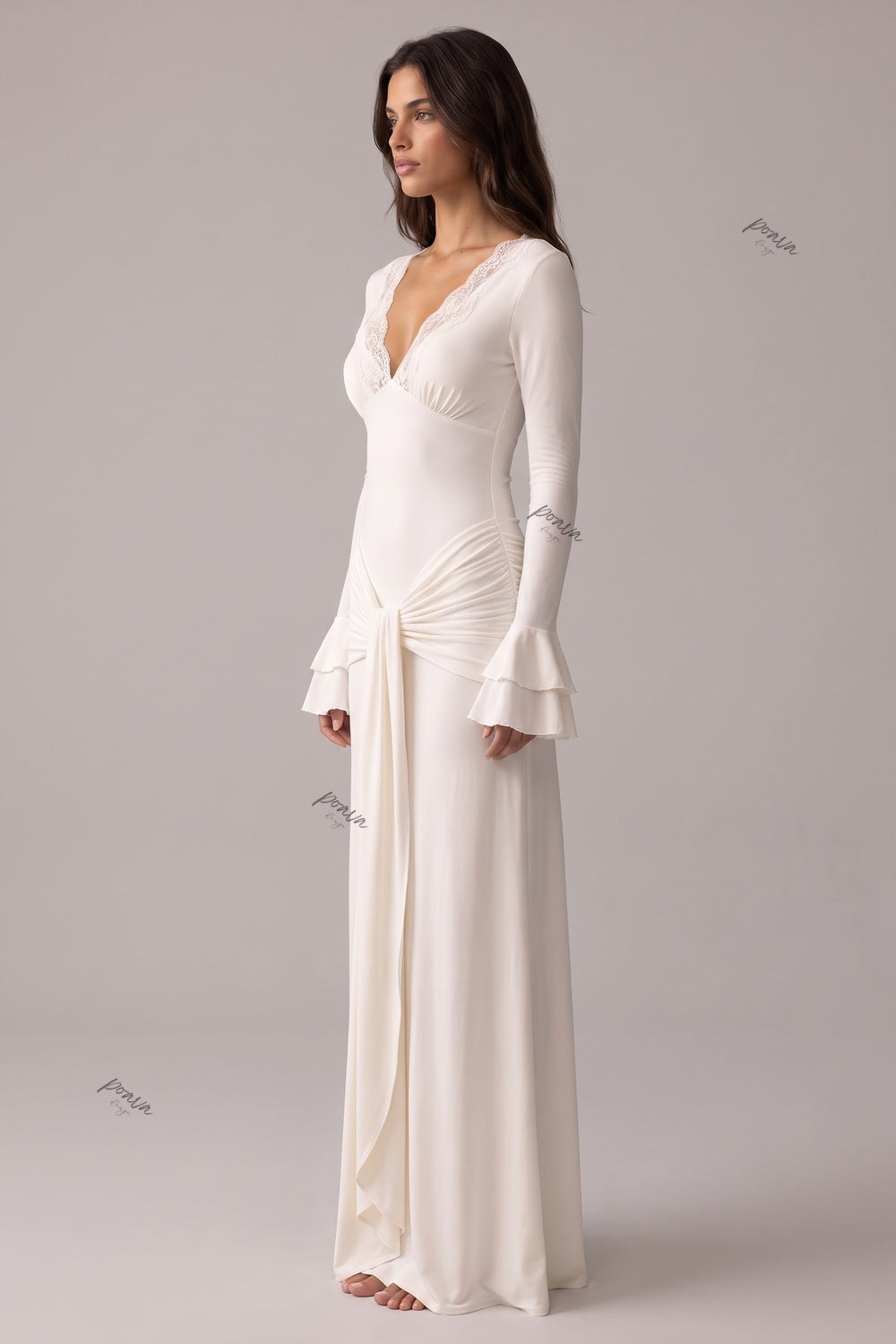 ivory stretch jersey knit column with front drape maxi dress Flowering Girl