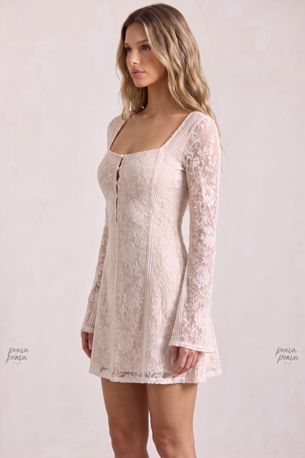 Cream Floral Lace Overlay Fit-and-Flare Dress Flowering Girl