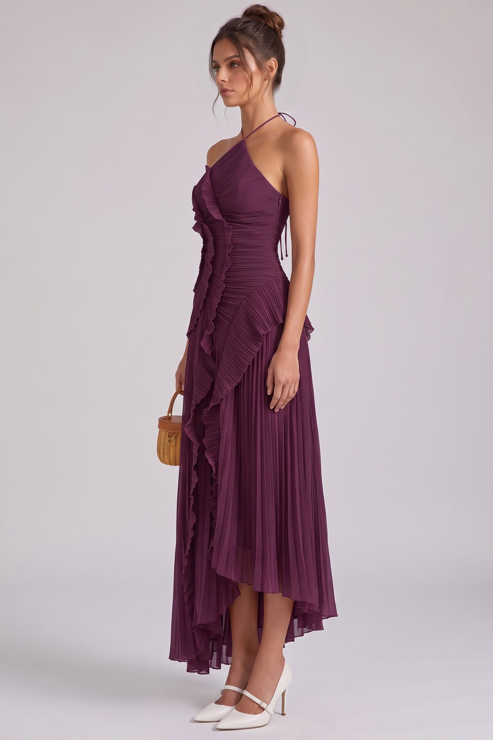 Deep Plum Asymmetrical Pleated Ruffle A-Line Dress Flowering Girl