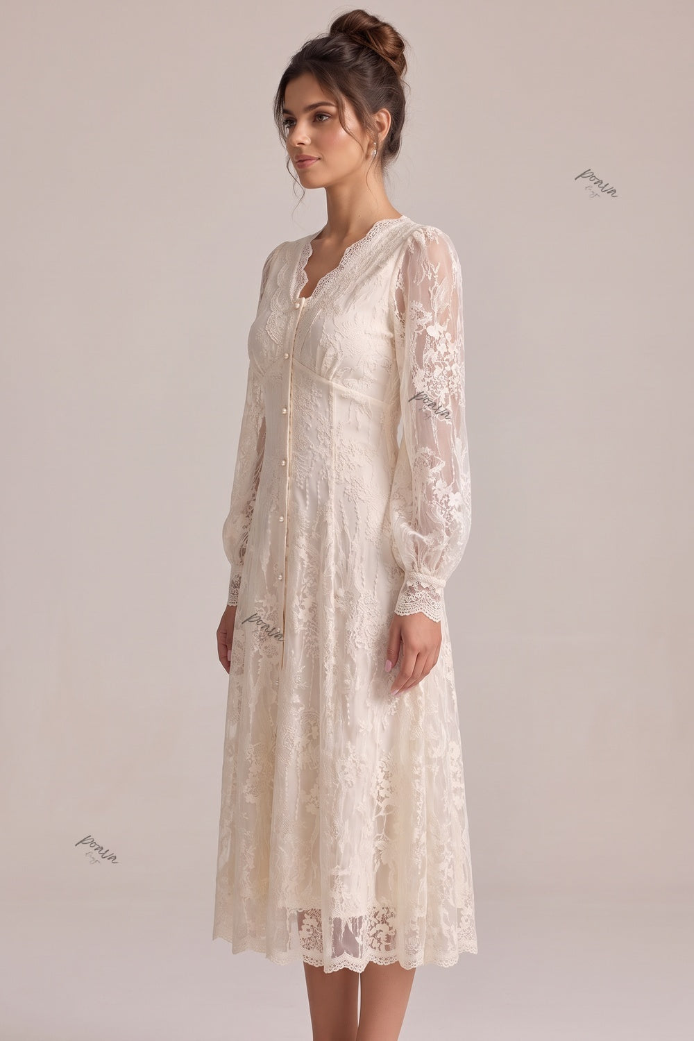 Cream Floral Lace A-Line Midi Dress Flowering Girl