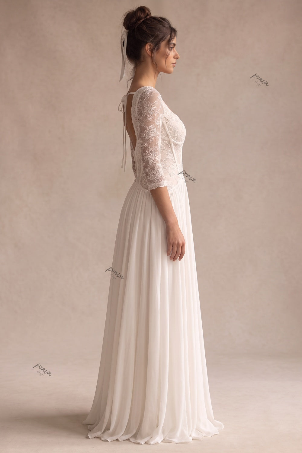 Ivory Chiffon A-Line Wedding Dress with Lace Bodice Flowering Girl