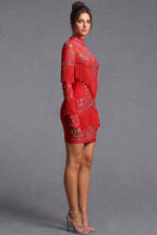 Red Heavy Stretch Knit Bodycon Mini Dress with Silver Crystal Fringe Flowering Girl