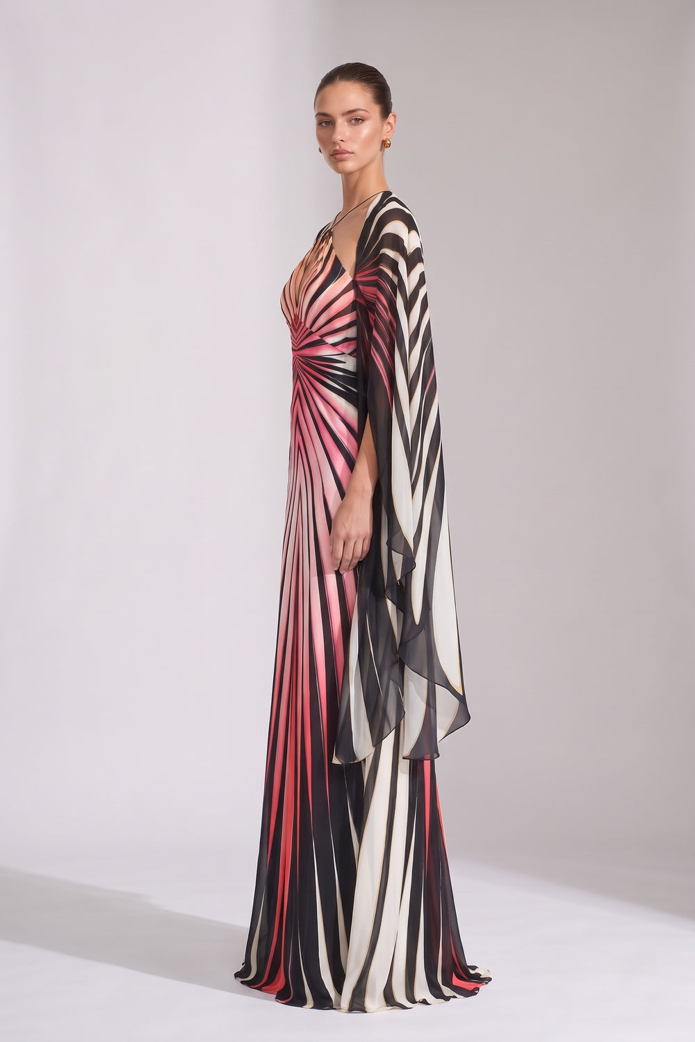 Engineered Radiating Stripe Chiffon Cape Column Gown Flowering Girl