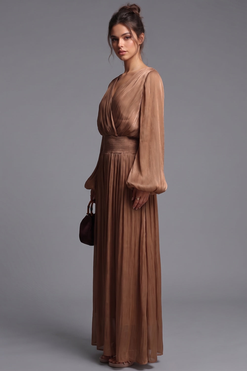 Bronze Brown Pleated Satin-Georgette Blend Maxi Dress Flowering Girl