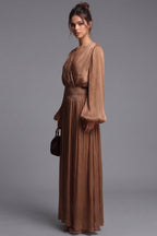 Bronze Brown Pleated Satin-Georgette Blend Maxi Dress Flowering Girl