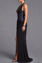 Black Two-Tone Halter Gown with Structured Corset Waist and High Slit Flowering Girl