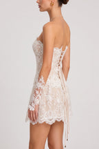 White Floral Lace Fit-and-Flare Corset Mini Dress with Detached Sleeves Flowering Girl