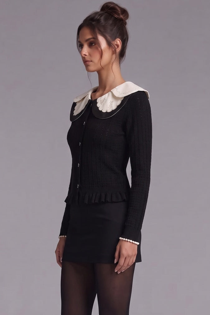 Black Peplum Cardigan with White Scalloped Collar Flowering Girl