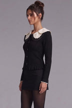 Black Peplum Cardigan with White Scalloped Collar Flowering Girl