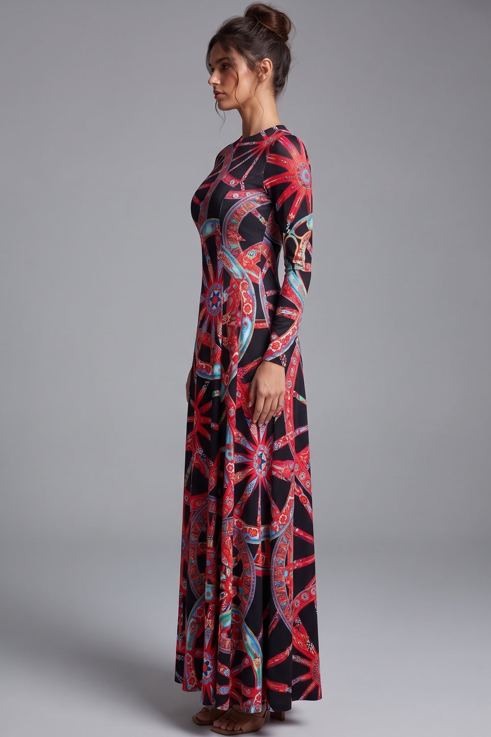 Black Stretch Jersey A-Line Maxi Dress with Geometric Wheel Print Flowering Girl