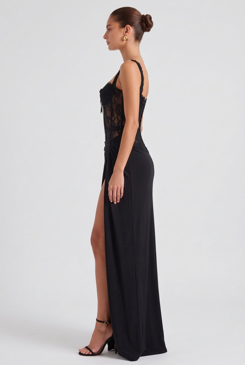 Black Lace Corset Evening Gown with High Slit Flowering Girl