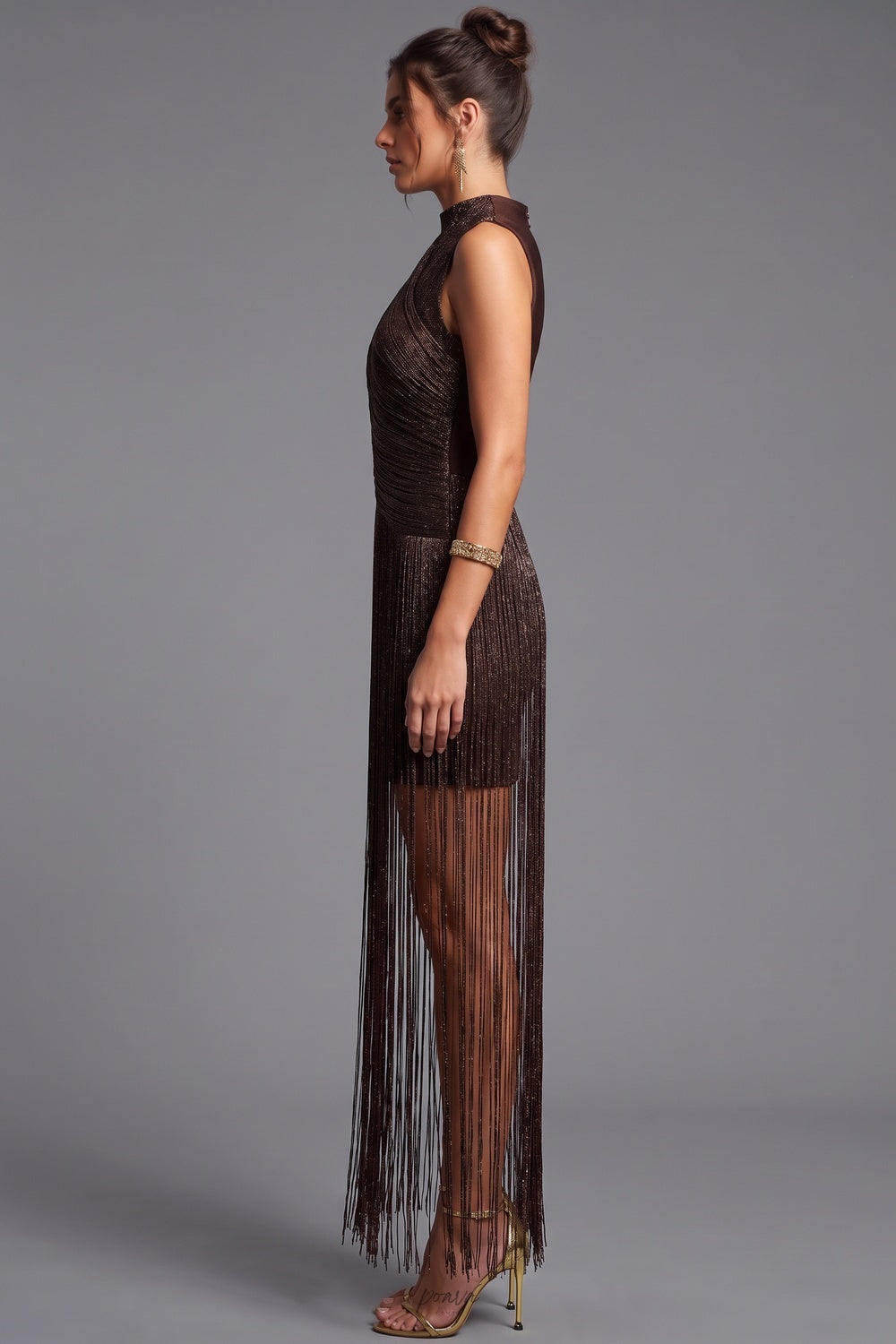 Dark Bronze Metallic Fringe Sheath Dress Flowering Girl