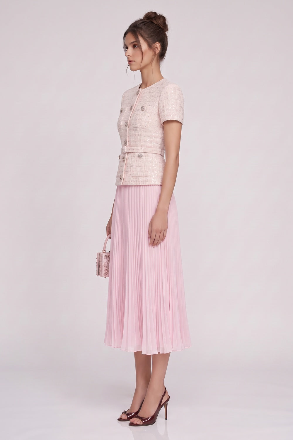 Pale Pink Tweed Fitted Bodice with Peplum and A-Line Skirt Two-Piece Set Flowering Girl