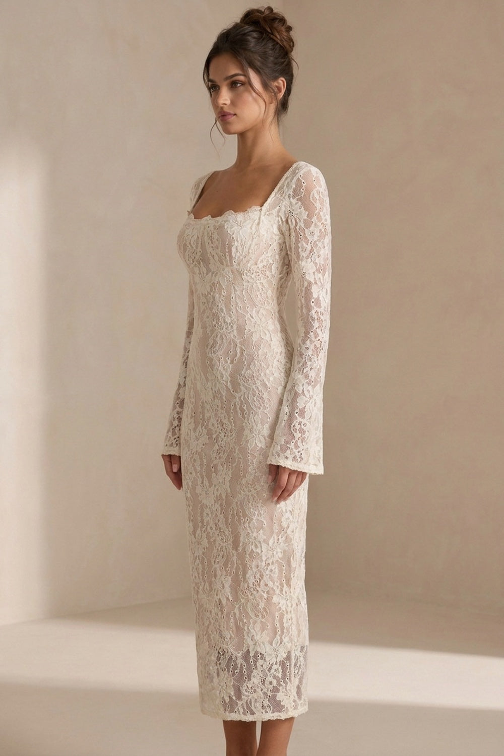Champagne Beige Lace Midi Bridal Dress Square Neck Long Flare Sleeve Bodycon Wedding Guest Dress Flowering Girl