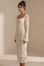 Champagne Beige Lace Midi Bridal Dress Square Neck Long Flare Sleeve Bodycon Wedding Guest Dress Flowering Girl