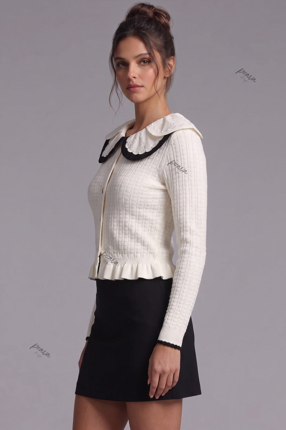 Off-White Textured Knit Fitted Peplum Cardigan Flowering Girl