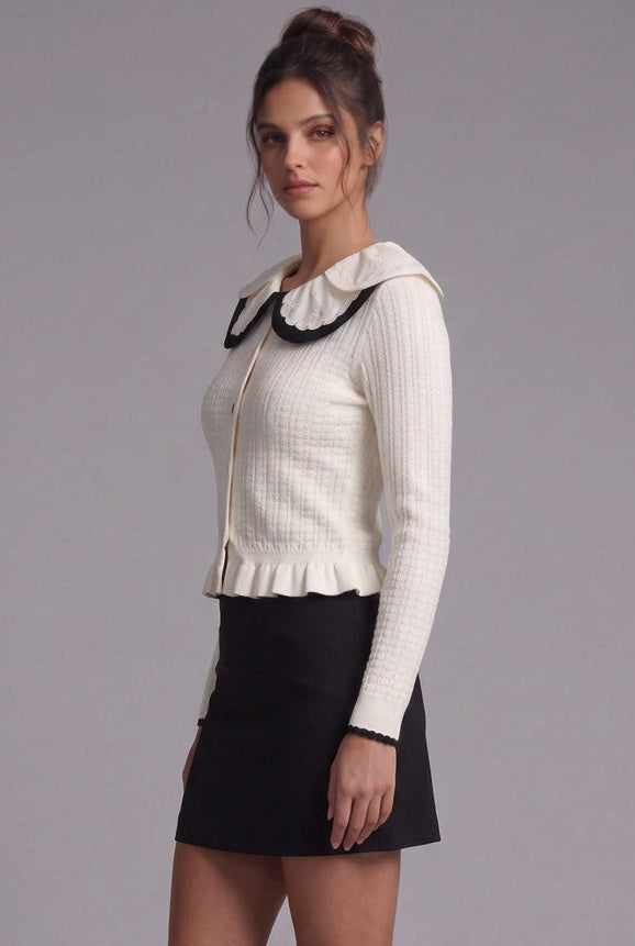 Off-White Textured Knit Fitted Peplum Cardigan Flowering Girl