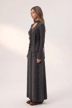 Dark Grey Ribbed Knit Two-Piece Set with Rose Buttons and Choker Flowering Girl