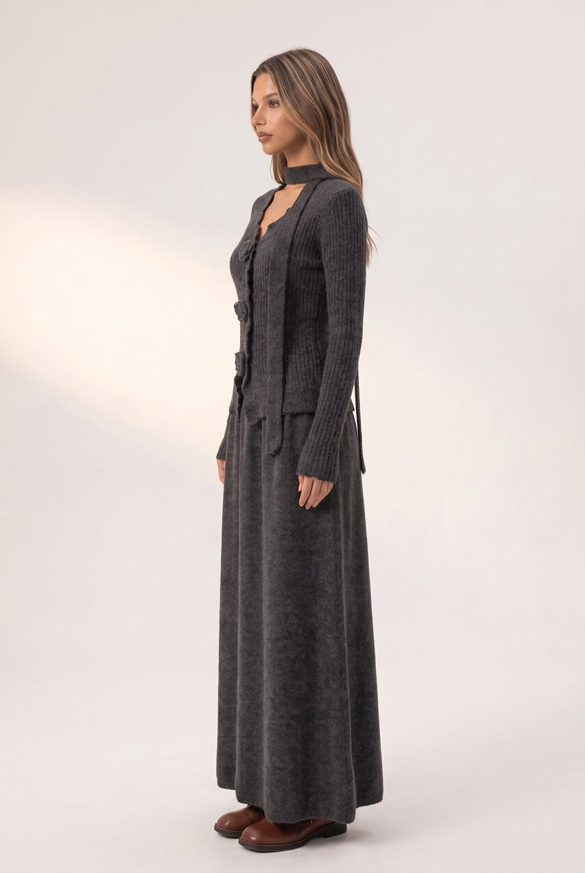 Dark Grey Ribbed Knit Two-Piece Set with Rose Buttons and Choker Flowering Girl