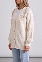 Cream Bouclé Knit Oversized Cardigan with Pearl Shoulder Embellishments Flowering Girl
