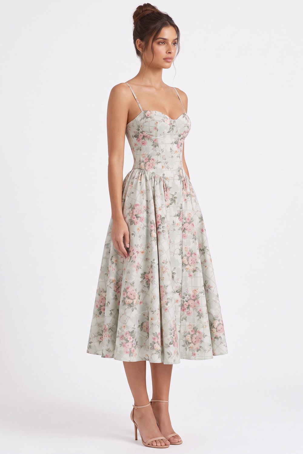 Pale Sage Green Structured Woven Cotton or Jacquard Fit-and-Flare Dress Flowering Girl