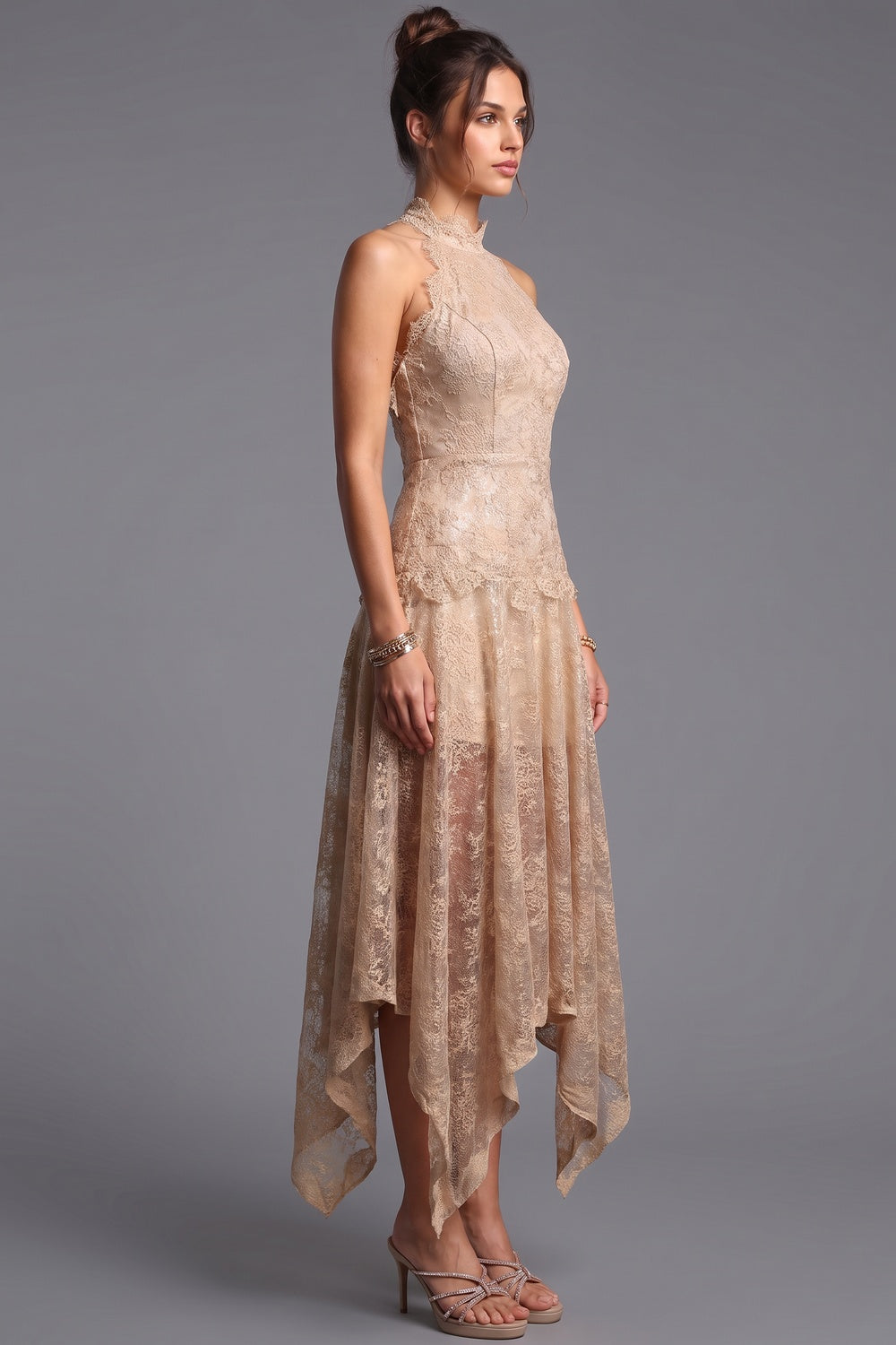 Beige Corded Floral Lace A-Line Midi Dress with Asymmetrical Hem Flowering Girl