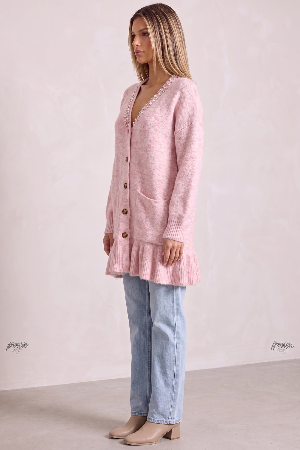 Light Pink Heathered Knit Cardigan Dress with Ruffled Hem Flowering Girl