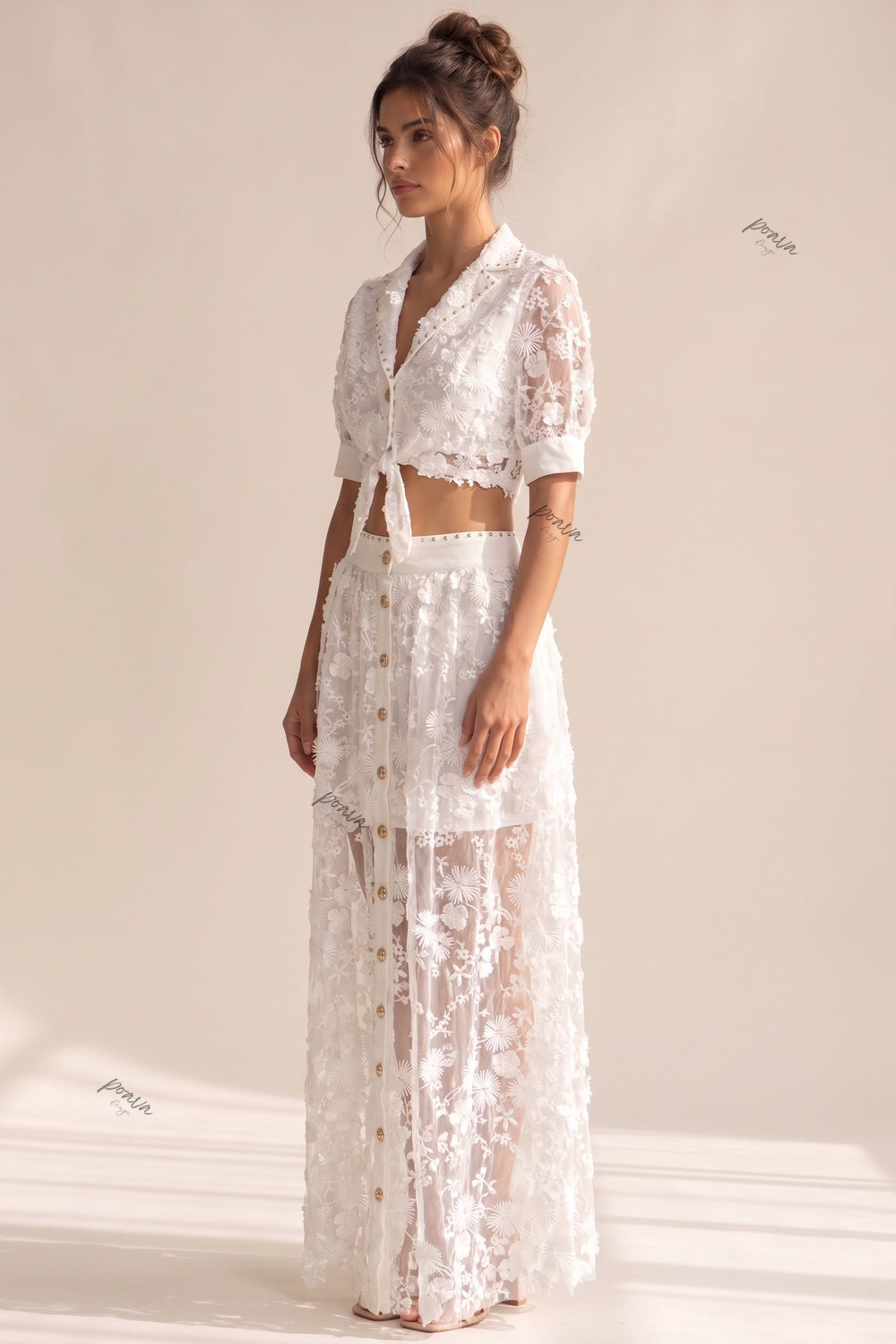 White Sheer 3D Floral Two-Piece Set with Tie-Front Cropped Top and Button-Front Maxi Skirt Flowering Girl