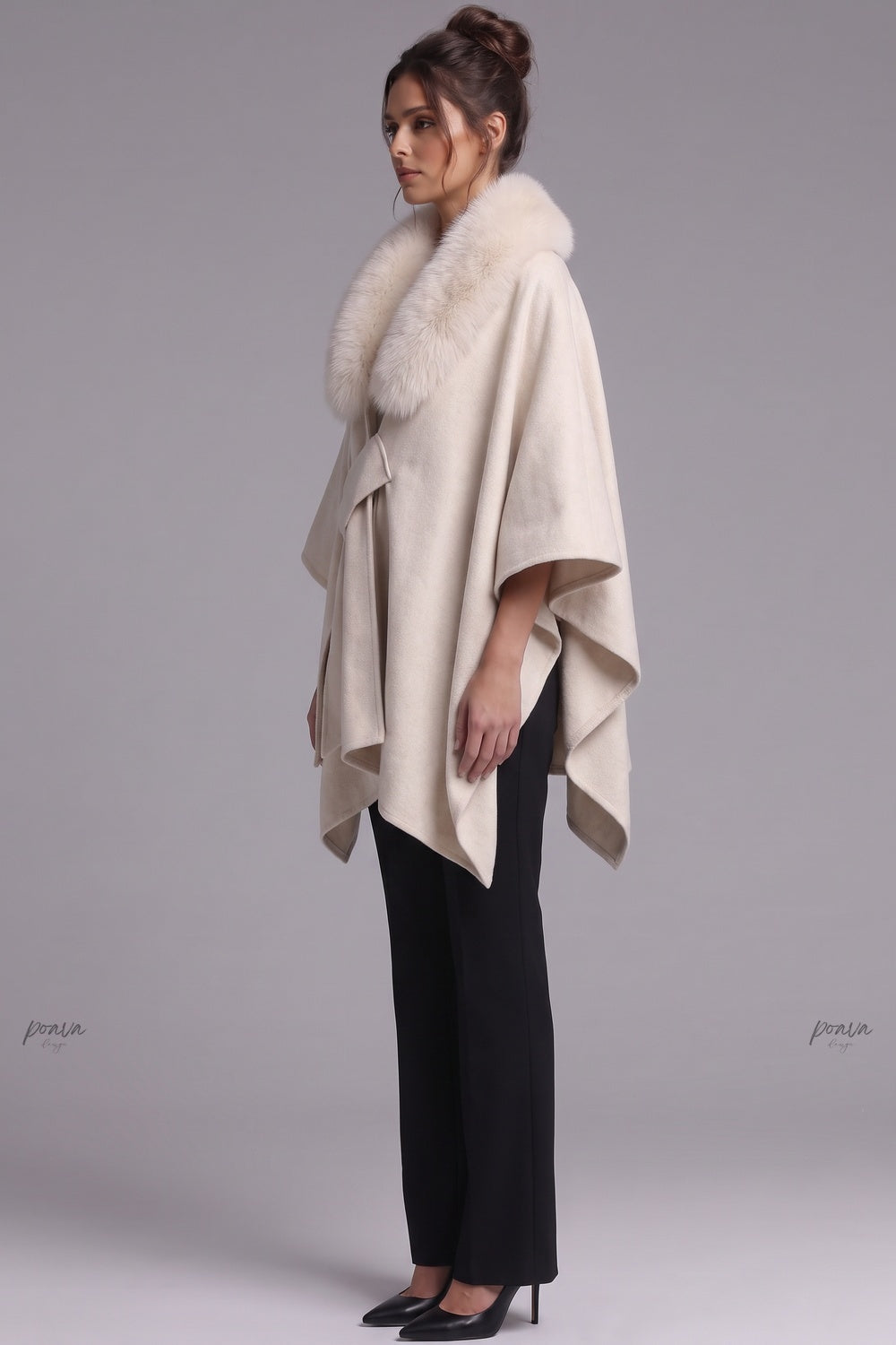 Cream Brushed Wool Blend Draped Wrap Cape Flowering Girl