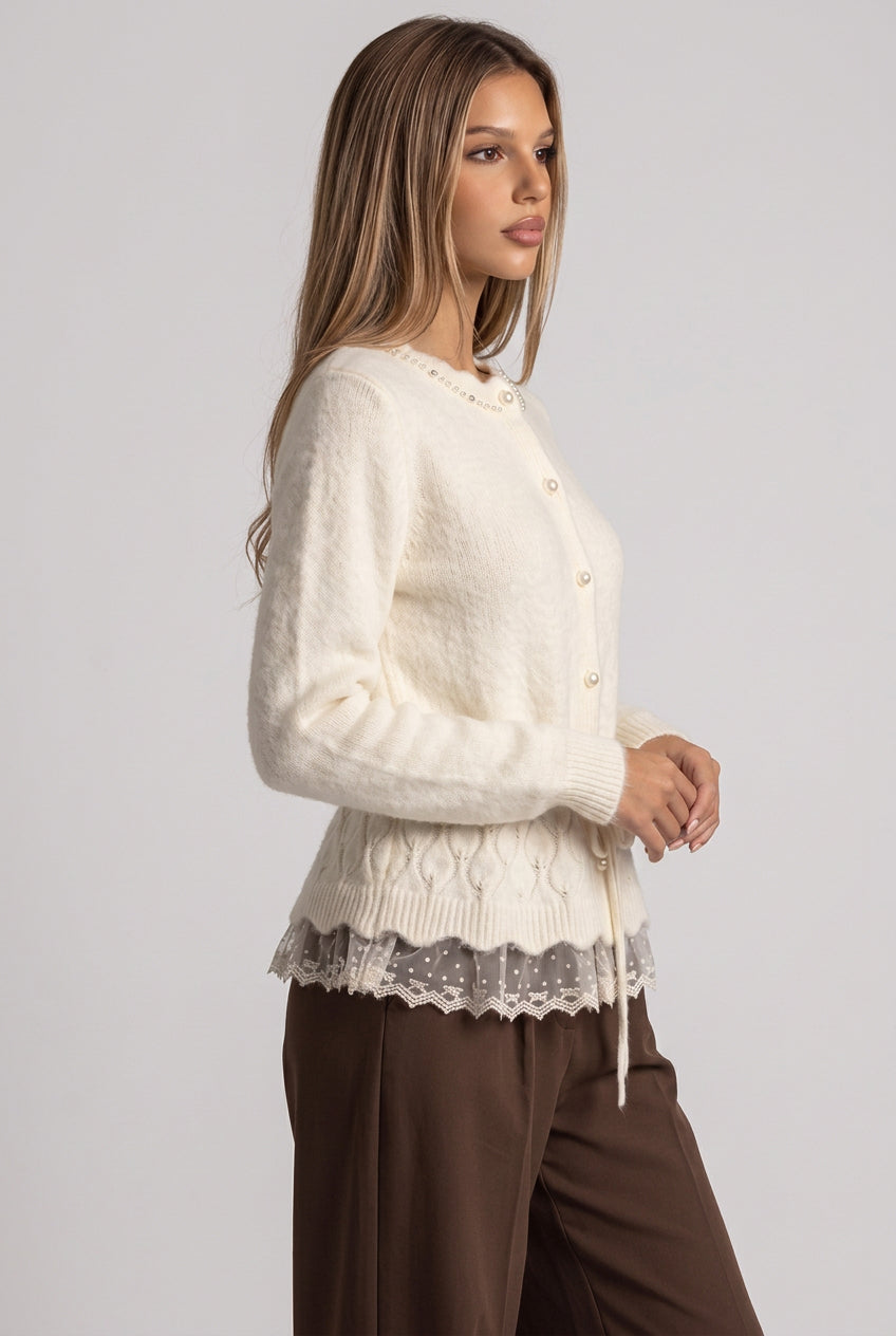 Cream Fuzzy Knit Wool Blend Peplum Cardigan with Lace Hem Flowering Girl