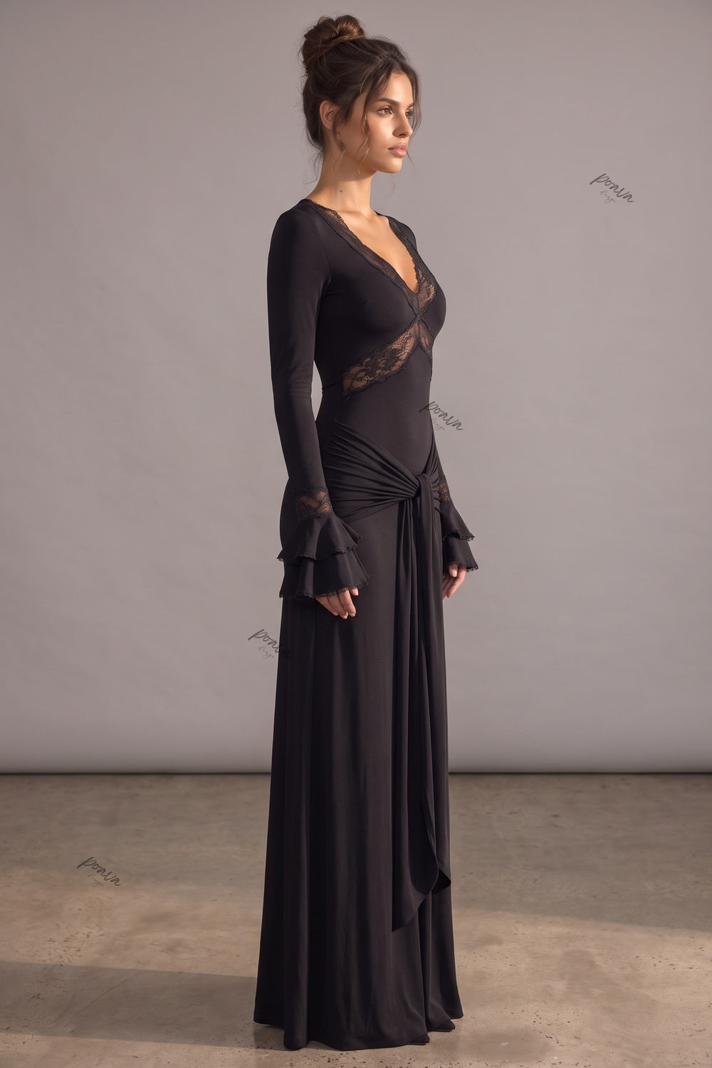 Black Stretch Maxi Dress with Lace Trim and Tiered Cuffs Flowering Girl