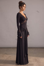 Black Stretch Maxi Dress with Lace Trim and Tiered Cuffs Flowering Girl