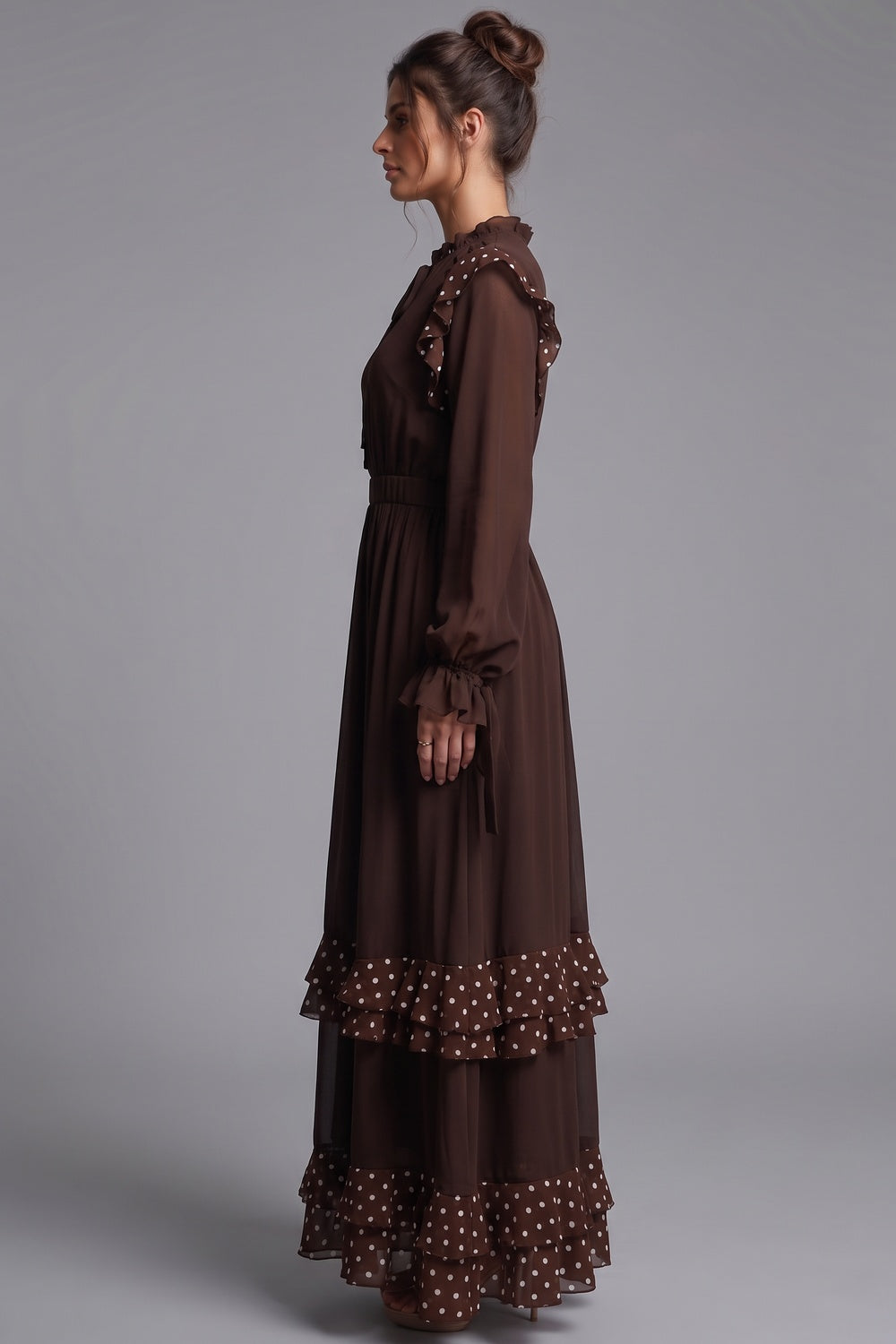 Dark Brown Chiffon A-Line Tiered Maxi Dress Flowering Girl