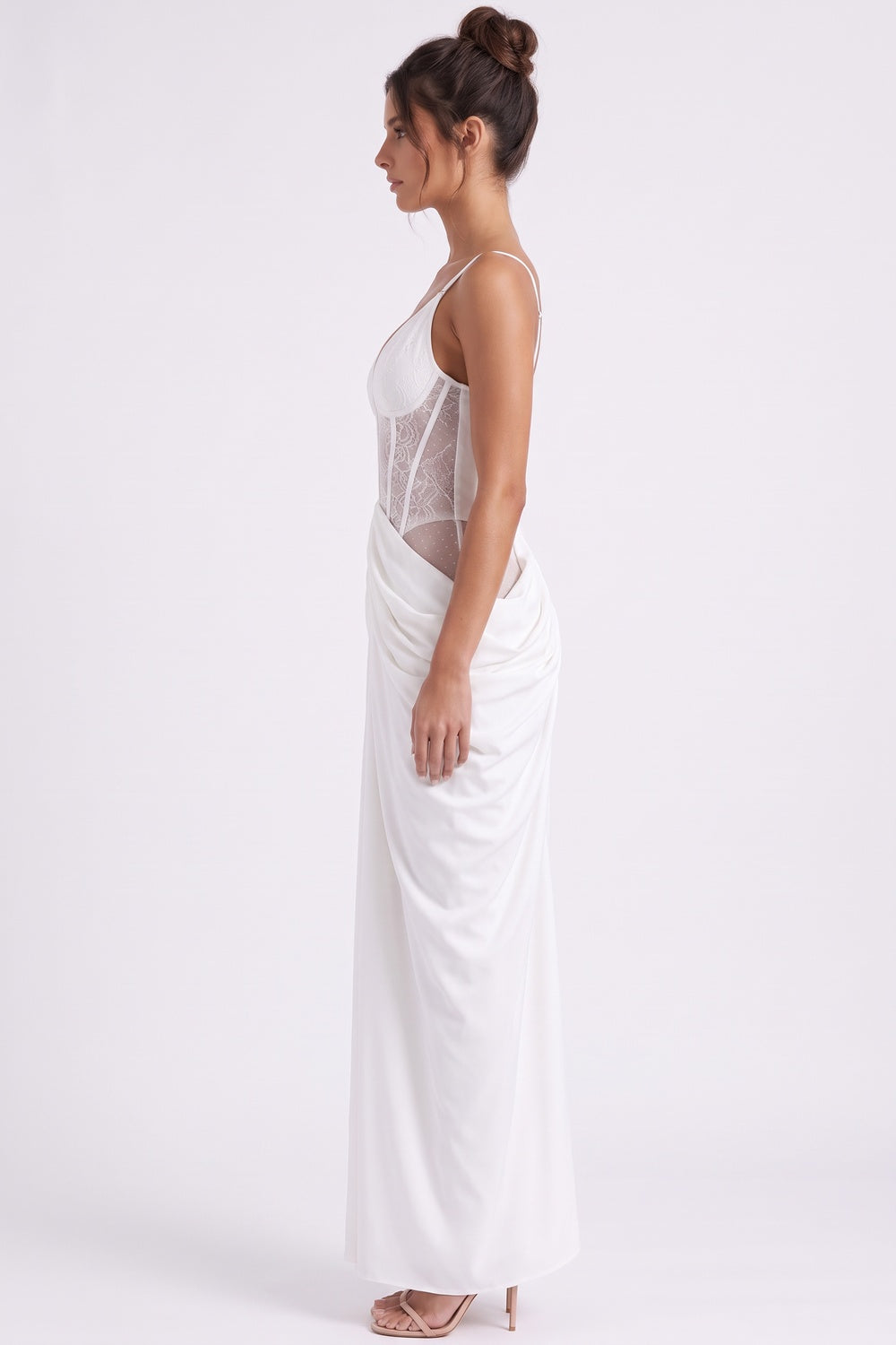 White Crepe Maxi Dress with Corset Lace Bodice and Draped Skirt Flowering Girl