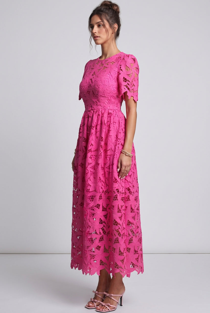 Magenta Guipure Lace A-Line Midi Dress Flowering Girl